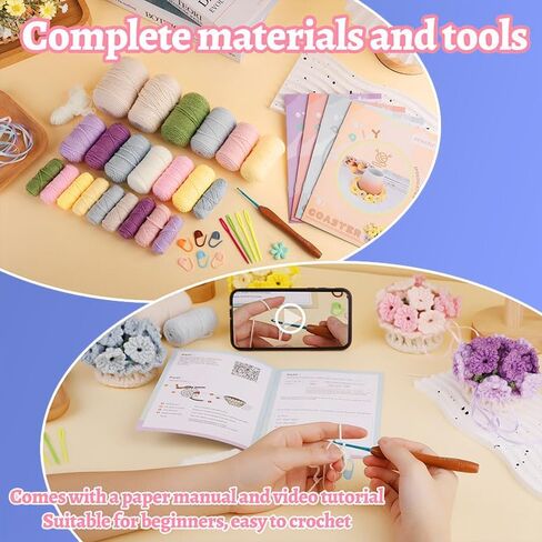 HAYOFADA Crochet Kit for Beginners with Step-by-Step Video Tutorials, Beginner DIY Craft Set, DIY Knitting Supplies Gift Beginner Crochet Kit Adults and Kids (13+) Complete Kit - Flower Coaster 4pack in Saudi Arabia