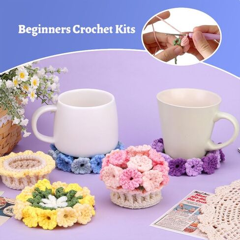 HAYOFADA Crochet Kit for Beginners with Step-by-Step Video Tutorials, Beginner DIY Craft Set, DIY Knitting Supplies Gift Beginner Crochet Kit Adults and Kids (13+) Complete Kit - Flower Coaster 4pack in Saudi Arabia