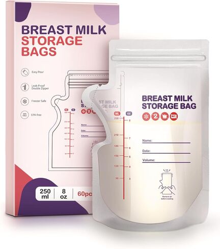 أكياس تخزين حليب الأم الخالية من مادة BPA من Dearlomum - 60 قطعة، 3 أونصة، قائمة بذاتها مع فوهة صب، شكل مسطح موفر للمساحة، مثالية للرضاعة الطبيعية وتخزين الحليب والتبريد والتجميد in Kuwait
