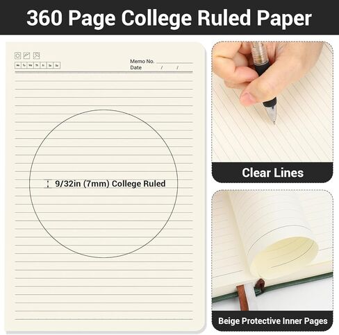 دفتر عمل EUSOAR، 360 صفحة كبيرة مقاس A4 8.5 بوصة × 11 بوصة سميكة من الجلد الصناعي، مجلة مبطنة بسمك 100 جرام في المتر المربع، دفتر أعمال في الحرم الجامعي مع حامل قلم جيب - أخضر in Kuwait