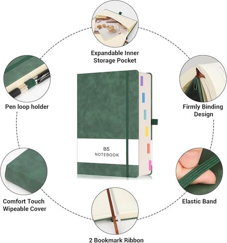 دفتر عمل EUSOAR، 360 صفحة كبيرة مقاس A4 8.5 بوصة × 11 بوصة سميكة من الجلد الصناعي، مجلة مبطنة بسمك 100 جرام في المتر المربع، دفتر أعمال في الحرم الجامعي مع حامل قلم جيب - أخضر in Kuwait