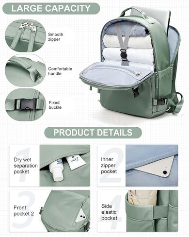 SEAFEW Carry On Backpack, Travel Backpack for Women Men Flight Approved, Personal Item Travel Bag for Airplanes, 14-15.6 Inch Laptop Business Backpack, Casual Daypack Gym Hiking Bakpack Green in Kuwait