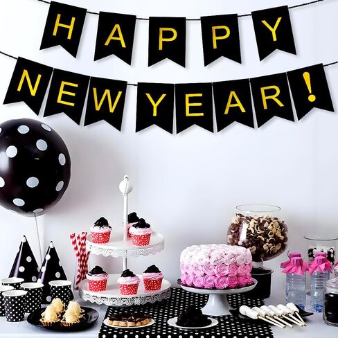 Happy New Year Banner For New Years Decorations 2025 Black Gold Happy New Year 2025 Banner Sign New Years Eve Decorations New Years Eve Party Supplies 2025 Happy New Year Decoration Nye New Year Decor in Saudi Arabia