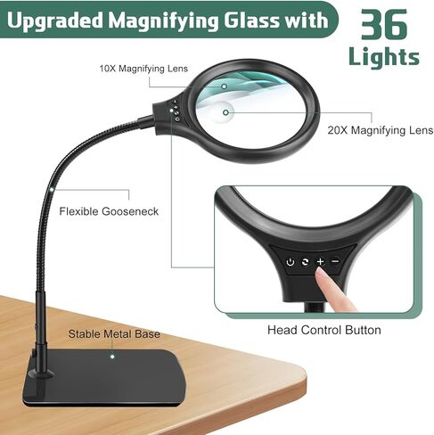 عدسة مكبرة كبيرة مقاس 20X 10X من NZQXJXZ مزودة بـ 36 مصباح LED وحامل مكبر مضاء بعنق معقوفة مرن مع 3 أوضاع ألوان، مصباح مكبر مكتبي بدون استخدام اليدين وقابل للتعتيم بدون خطوات للخياطة اليدوية للعمل الوثيق in Kuwait