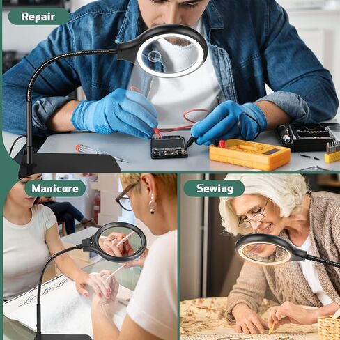 عدسة مكبرة كبيرة مقاس 20X 10X من NZQXJXZ مزودة بـ 36 مصباح LED وحامل مكبر مضاء بعنق معقوفة مرن مع 3 أوضاع ألوان، مصباح مكبر مكتبي بدون استخدام اليدين وقابل للتعتيم بدون خطوات للخياطة اليدوية للعمل الوثيق in Kuwait