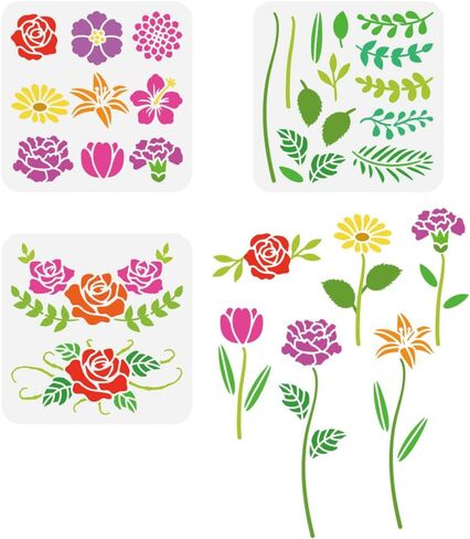 FINGERINSPIRE 3Pcs Combination Flowers Painting Stencil 7.9x7.9inch PET Plants Themes Spraying Stencil Reusable Hibiscus Rose Dahlia Daisy Pattern Wall Stencil Lily Tulip Carnation Template for Wall in Saudi Arabia
