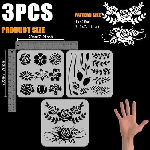 FINGERINSPIRE 3Pcs Combination Flowers Painting Stencil 7.9x7.9inch PET Plants Themes Spraying Stencil Reusable Hibiscus Rose Dahlia Daisy Pattern Wall Stencil Lily Tulip Carnation Template for Wall in Saudi Arabia