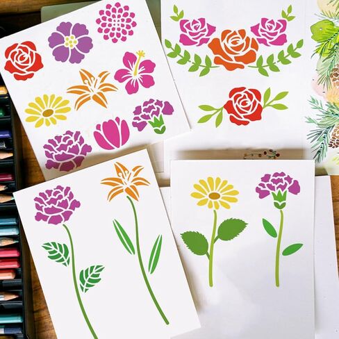 FINGERINSPIRE 3Pcs Combination Flowers Painting Stencil 7.9x7.9inch PET Plants Themes Spraying Stencil Reusable Hibiscus Rose Dahlia Daisy Pattern Wall Stencil Lily Tulip Carnation Template for Wall in Saudi Arabia