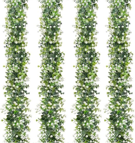 SOMYTING Artificial Eucalyptus Garland with White Flowers, 2 Packs 6Ft Artificial Greenery Garland Fake Hanging Flower Garland Plant Artificial Vines for Wedding Backdrop Arch Wall Table Decor in Saudi Arabia