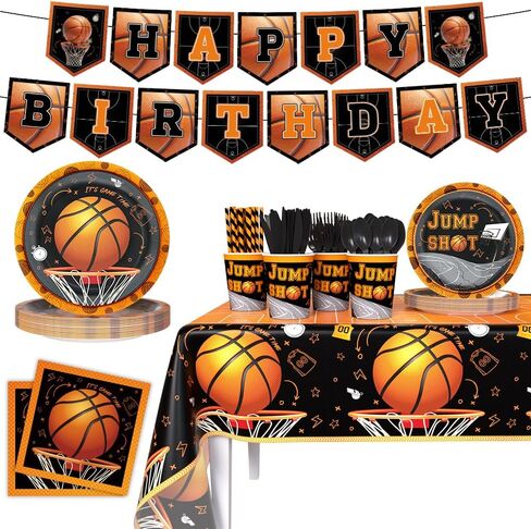 MEHOFOND 194pcs Basketball Party Supplies, Basketball Plates and Napkins Basketball Sports Theme Birthday Party Tableware Set Include Basketball Tablecloth for Basketball Birthday Decorations in Kuwait