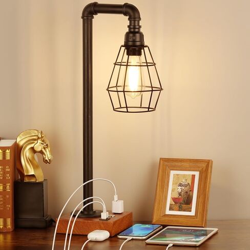 YBING Industrial Desk Lamp, Bulb Included, 3 Way Dimmable Table Lamp with Dual USB Ports & AC Outlet, Edison Touch Control Bedside Lamps for Bed Room, Study Room, Living Room, Office in Kuwait