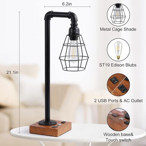 YBING Industrial Desk Lamp, Bulb Included, 3 Way Dimmable Table Lamp with Dual USB Ports & AC Outlet, Edison Touch Control Bedside Lamps for Bed Room, Study Room, Living Room, Office in Kuwait