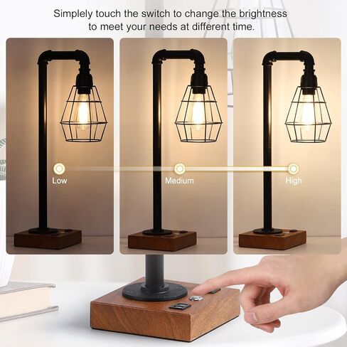 YBING Industrial Desk Lamp, Bulb Included, 3 Way Dimmable Table Lamp with Dual USB Ports & AC Outlet, Edison Touch Control Bedside Lamps for Bed Room, Study Room, Living Room, Office in Kuwait