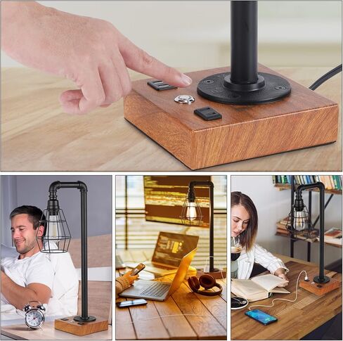 YBING Industrial Desk Lamp, Bulb Included, 3 Way Dimmable Table Lamp with Dual USB Ports & AC Outlet, Edison Touch Control Bedside Lamps for Bed Room, Study Room, Living Room, Office in Kuwait