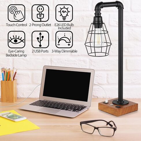 YBING Industrial Desk Lamp, Bulb Included, 3 Way Dimmable Table Lamp with Dual USB Ports & AC Outlet, Edison Touch Control Bedside Lamps for Bed Room, Study Room, Living Room, Office in Kuwait