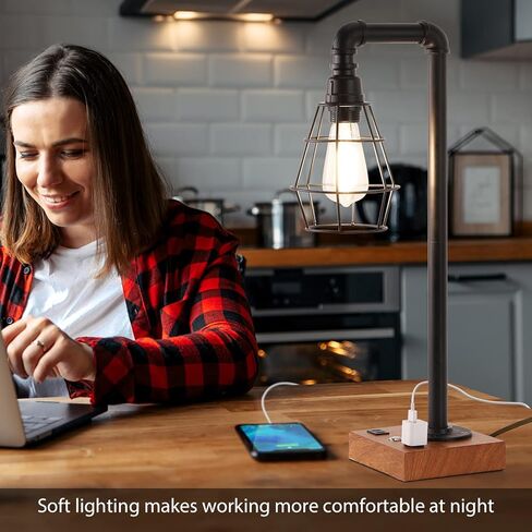 YBING Industrial Desk Lamp, Bulb Included, 3 Way Dimmable Table Lamp with Dual USB Ports & AC Outlet, Edison Touch Control Bedside Lamps for Bed Room, Study Room, Living Room, Office in Kuwait