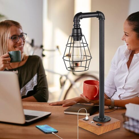 YBING Industrial Desk Lamp, Bulb Included, 3 Way Dimmable Table Lamp with Dual USB Ports & AC Outlet, Edison Touch Control Bedside Lamps for Bed Room, Study Room, Living Room, Office in Kuwait