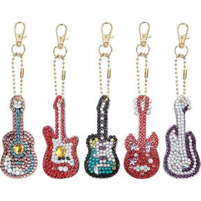 Guitar Shaped Diamond Painting Keychains DIY Craft Kit Set, 5D Colorful Decorative Accessory Ornament, Crystal Gem Small Art Full Drill, Special Accessories for Ring Backpack Shoulder Bag for Adults