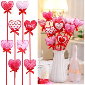 16 Pcs Valentine‘s Day Heart Floral Picks 12 3D Wooden Valentines Foam Heart Stems Plush Heart Sticks Valentines Decor for Tree Flower Arrangement Wedding Table Centerpiece Vase Filler Home