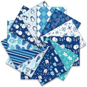 12Pcs Winter Cotton Fabric Bundles 18 x 22 Inch Snowflake Snowman Santa Penguin Fat Quarters Blue White Sewing Fabrics for Xmas Winter DIY Craft Party Decor