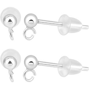 Beebeecraft 1 Box 10Pcs Ball Stud Earring Findings 925 Sterling Silver 2.5mm Round Geometry Ear Pin Post with Loop and Ear Nuts for Jewellery Making Supplies