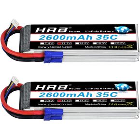 HRB 2PCS 3S 2600mAh Lipo Battery 11.1V 35C EC3 RC Lipo Battery Compatible with RC Quadcopter Airplane Helicopter Car Truck Boat