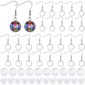 1 Box 50Pcs 12Mm Hook Earring Blanks Stainless Steel Bezel Trays with Glass Cabochon Silver Blank Earring Settings Dangle Round Earring Bezels for Jewelry Making Kits Supplies DIY Craft Women