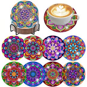 ijbnhd Mandala Diamond Painting Coasters Kit with Holder, DIY Diamond Art Coasters Cork Wooden Pad Board Double Layer is Strong and Wear-Resistant for Beginners Adults Art Craft Supplies Gift 4X4IN
