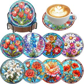 croshom 8 PCS Diamond Art Coasters-Flower Diamond Painting Coasters Kits with Holder, Beginners, Adults, Diamond Art Crafts Supplies (Flowers)