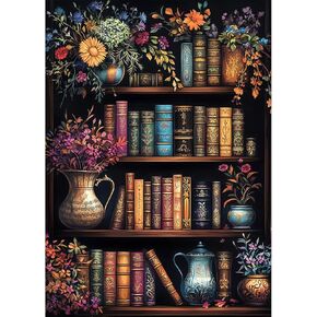 MEIYUDA Bookshelf Diamond Painting Kits for Adults, DIY Magical Book and Vintage Plants Diamond Art for Adult Beginners, Round Full Drill Crystal Craft Kits for Home Walls Decor 12x16in