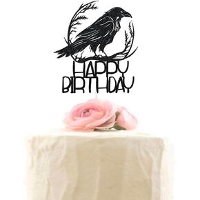 Crow Happy Birthday Cake Topper, Bird Theme Birthday Party Decorations Supplies, Black Glitter
