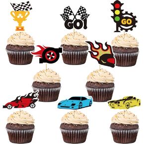 24pcs Race Car Cupcake Toppers - Racing Sports Theme Party Supplies Racing Car Cupcake Toppers for Baby Shower Birthday Cake Decors