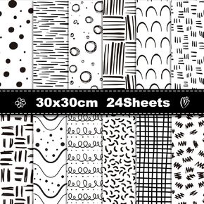 24 Sheets Black White Hand-Drawn Style Patterned Paper, 12''x12'' Doodle Scrapbook Specialty Paper Double Decorative Sided Craft Paper for DIY Card Gift Wrapping Making
