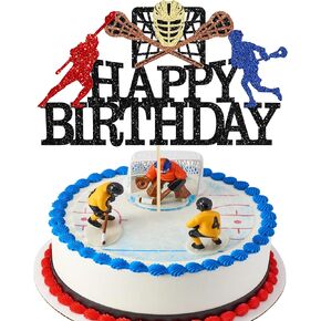Gyufise 1Pcs Lacrosse Happy Birthday Cake Topper Glitter Touchdown Lacrosse Cake Decoration for Boys Kids Men Hockey Sport Theme Birthday Party Supplies