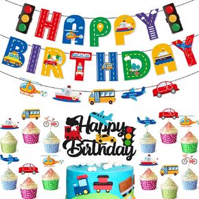Transportation Cake Decoration Car Bus Train Plane Ship DIY Cupcake Topper Transportation Happy Birthday Banner for Kids Boy Girl Birthday Party Supplies