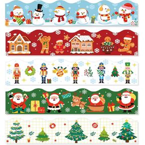 Konsait 69Ft Christmas Bulletin Board Border, Self-Adhesive Christmas Border for Bulletin Board, Snowman Gingerbread Santa Nutcracker Tree Christmas Borders for Classroom Office Home, 5 Designs