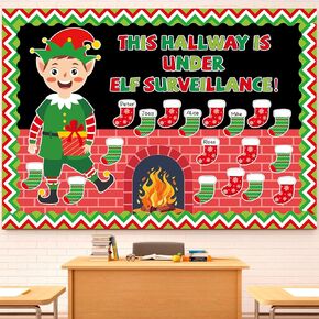 52 PCS Christmas Bulletin Board Decoration Xmas Elf Hearth Classroom Bulletin Board Elf Fireplace Christmas Stocking Paper Cutouts Winter Bulletin Board Set for Xmas Holiday School Home Decor