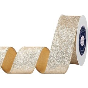 VATIN Champagne Gold Glitter Wired Ribbon, Champagne Gold Ribbon with Metallic Edge, Christmas Ribbon for Wreath, ChritmasTree Decoration, Gift Wrapping, Home Decor, 1-1/2 Inch x 10 Yards