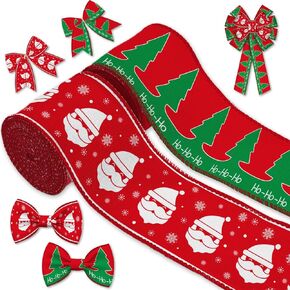 YKW 2 Rolls Christmas Ribbon Set, 2.56" x 5 Yards - Santa & Snowman with Buffalo Plaid Wired Edge Ribbons, for Rustic Holiday Decor, Wreath,Bow, Gift Wrapping