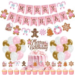 K KUMEED Pink Gingerbread Man Decorations,Christmas Merry Birthday Banner Cute Candy House Cake Topper Latex Balloons for Boys Girls Merry Birthday Birthday Party Supplies Baby Shower