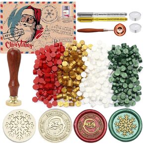 Christmas Wax Seal Kit, 2pcs Santa Claus & Snowflake Wax Seal Stamp Kit with White/Gold/Red/Green Wax Seal Beads 400pcs, Sealing Wax Spoon, Metallic Pens, Christmas Card for Letter Sealing, Gift Décor