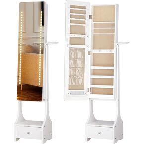 LUXFURNI 360° Swivel Mirror Jewelry Cabinet with Lights, Standing Jewelry Armoire Organizer Mirror with 4 wheels, 66" Rotating Full Length Mirror with Jewelry Storage, White