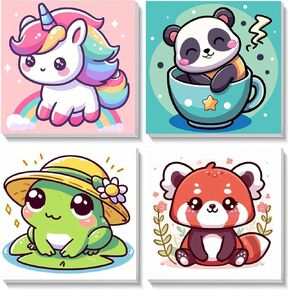 HOIYLDS Framed 4 Pack Paint by Number for Kids, Cute Animals Paint by Numbers for Kids Ages 8-12, Paint by Numbers Kits Children Beginner, DIY Acrylic Oil Painting for Home Wall Decor (8x8inch)