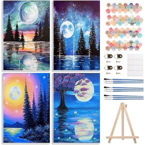4 Pack Paint by Numbers Kits for Adults Beginners Framed Canvas, Adult Paint by Number Kit with Easel, Moon Mountain Landscapes Painting by Numbers for Beginners, Arts and Crafts for Decor 8x12inch
