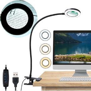 Desk Magnifying Glass with Light 10x, Clip on Desk Light with 3 Light Color, 5w LED Desk Lamp with Clamp 10 Adjustable Brightness, Flexible Gooseneck Craft Light Desk Lamps for Home Office