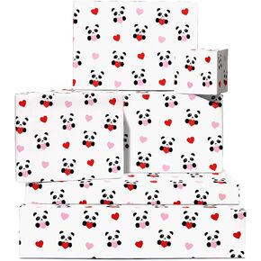 CENTRAL 23 6 Wrapping Paper Sheets - Panda Love Hearts - Black White Red Birthday Gift Wrap - For Men and Women - Anniversary or Valentines Day Wrapping Paper - Recyclable