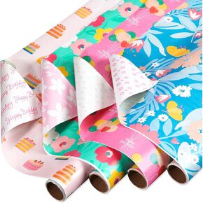 American Greetings 160 sq. ft. Reversible Wrapping Paper Bundle for Birthdays and All Occasions, Floral and Happy Birthday Text (4 Rolls, 30 in. x 16 ft.)