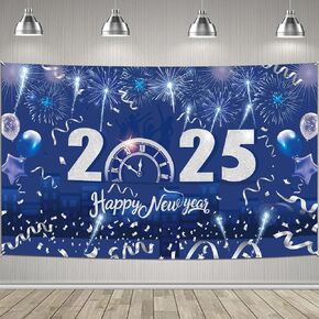 HOWAF Happy New Year Banner, 2025 New Year Decoration, Happy New Year Background Banner for New Years Eve Party Supplies, Happy New Year Backdrop Banner with Firework Zero O'clock Design, Blue Silver