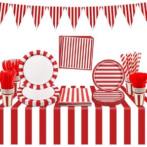 Carnival Circus Party Supplies, Red and White Strips Party Decorations, Includes Napkins, Cups, Plates, Knives, Forks, Spoons, Carnival Tablecloth, Flag, for Birthday, Carnival, Baby Shower,