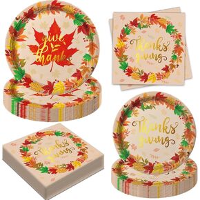 مجموعة أطباق ومناديل عيد الشكر من أويجكو تقدم 48 مجموعة أدوات طعام للاستعمال مرة واحدة لعيد الشكر تتضمن أطباق العشاء وأطباق الحلوى والمناديل لديكورات حفلات عيد الشكر في الخريف in Kuwait
